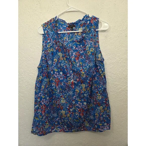 Talbots Blue Tank Top Floral Sleeveless Shirt Lightweight 100% Cotton XL - Picture 1 of 5